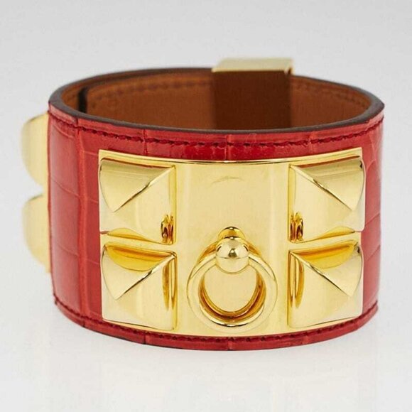 Hermes Geranium Matte Alligator Gold Plated Collier de Chien Cuff Bracelet - Picture 10 of 10
